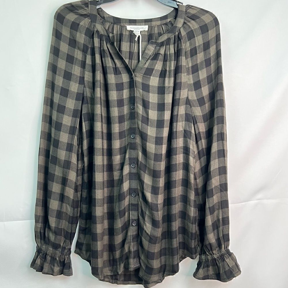 Beach Lunch Lounge Luna Olive Green Buffalo Plaid blouse